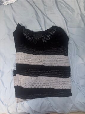 AB Studio Black and White Striped Open-Knit Cardigan